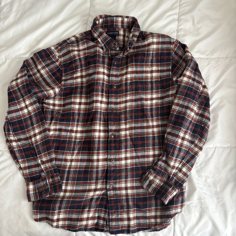 Lands End Men's Cotton Flannel Long Sleeve Button Shirt Preppy Cozy L 16-16.5